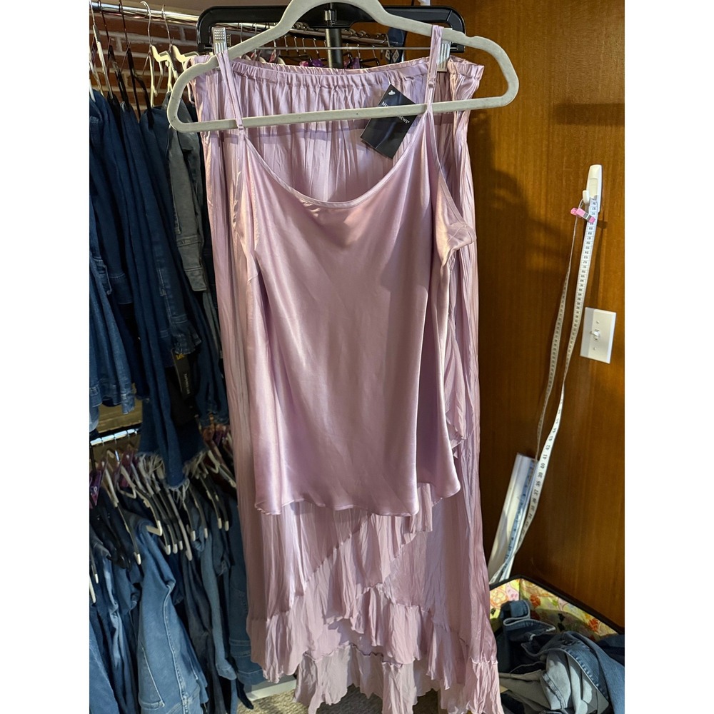 NWT Newport News 100% Liquid Silk 2 Piece Lavender Ruffle Maxi Skirt & Cami 18
